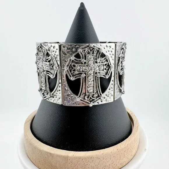 Vintage Silver Rhinestone Cross Stretch Bracelet Gothic Western Faith Chunky