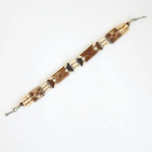 Unique Vintage Bohemian Bone Resin & Beaded Tribal Choker/ Bracelet 13