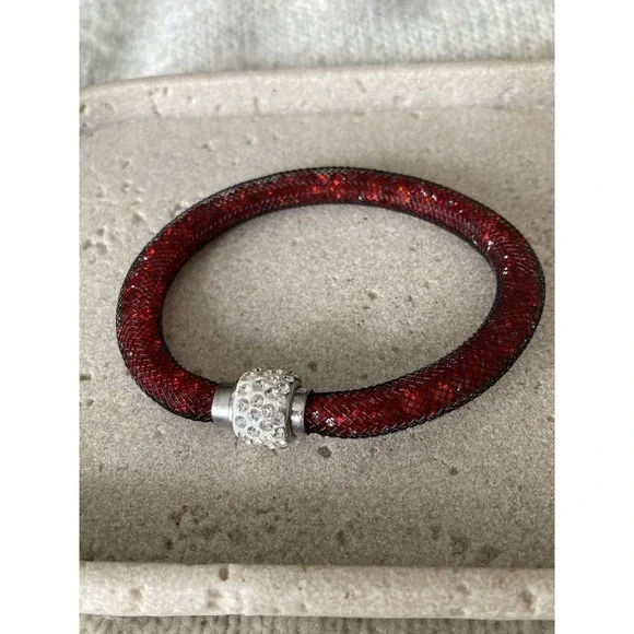 Red Crystal Tube Bracelet Mesh Rhinestone Barrel Clasp Sparkly Magnetic