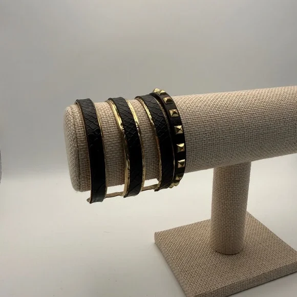 Black Gold Cuff Studded Bracelet Set Snakeskin Textured‎ Edgy Jewelry Punk Goth