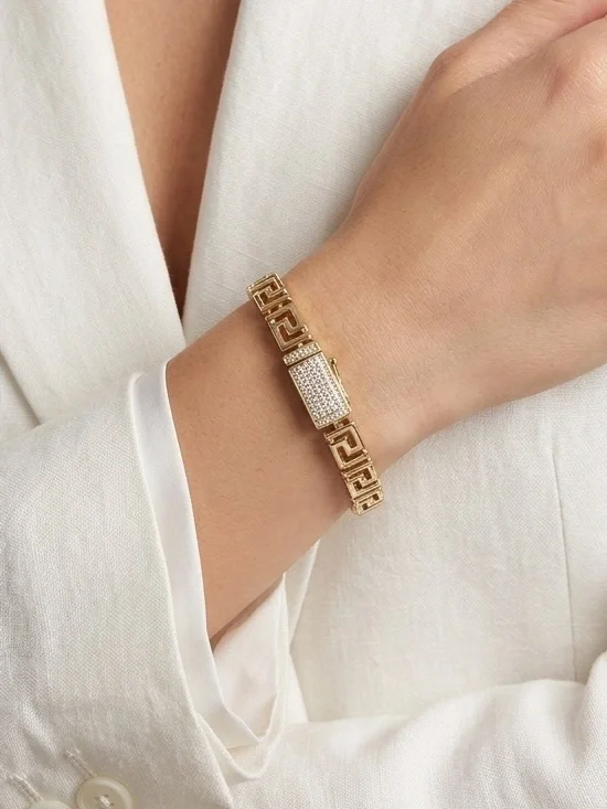 14K Gold Plated Greek Key Link Bracelet with CZ Pavé Box Clasp | Luxury Jewelry