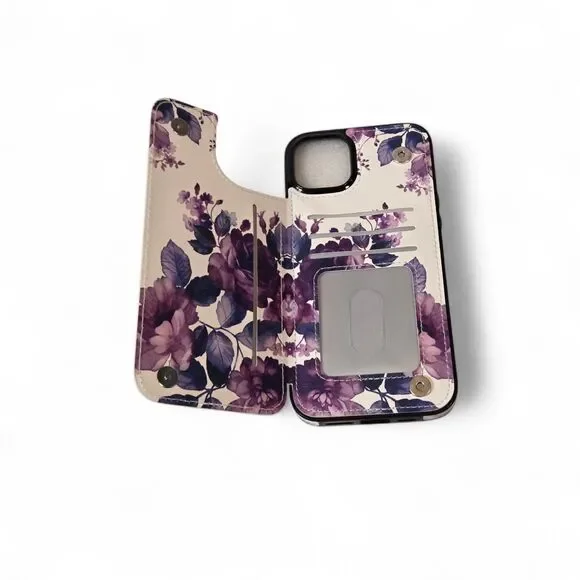 GOODON iPhone 15 Plus Wallet Case Purple Floral Flip Cover Card‎ Holder New