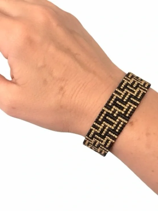 Black Gold Art Deco Beaded Bracelet | Geometric Loom Cuff | CZ Clasp
