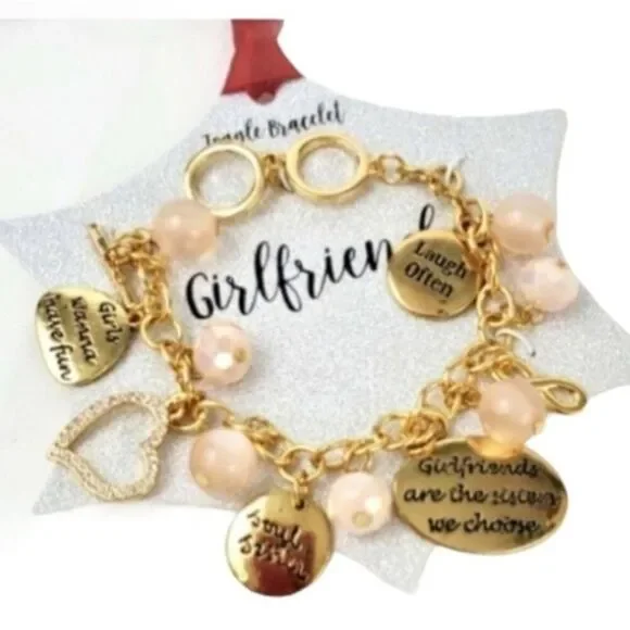 Girlfriend Toggle charm Bracelet Friends Gold faux pearls heart gold blush *
