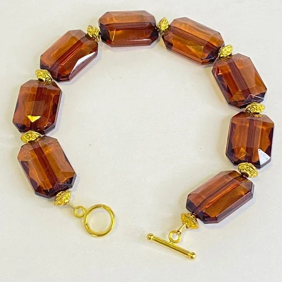 Honey Brown Root Beer Chunky Faceted Acrylic Bead Bracelet Gold Tone Autumn Fall