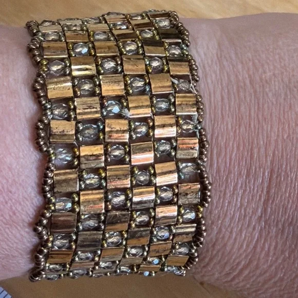 Handmade Gold Tile Beaded Cuff Bracelet Bronze Crystal Statement Slide Clasp
