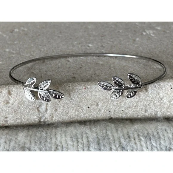 Silver Tone Open Cuff Bracelet Leaf Branch Minimalist Bangle Botanical Vine