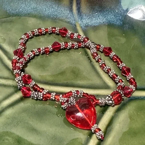 Handcrafted Lampwork Bead Red Bracelet 7-8” Artisan Glass Heart Closure