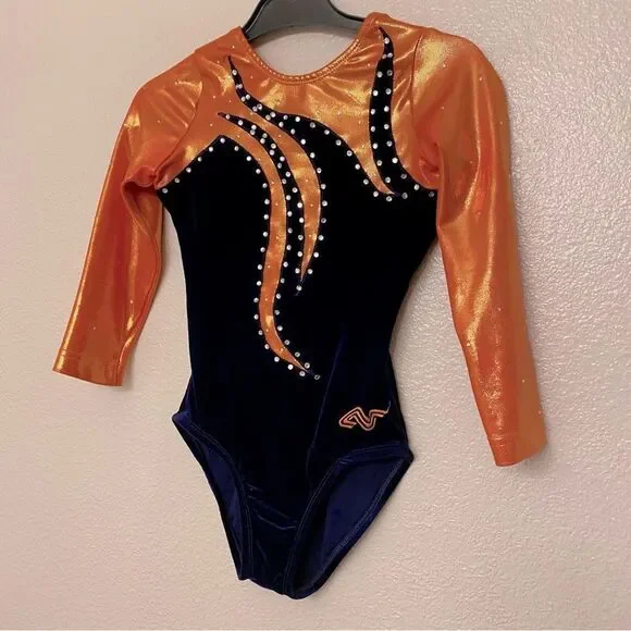 Alpha Factor Gymnastics Competition Leotard 3/4 rhinestone orange blue velvet CL