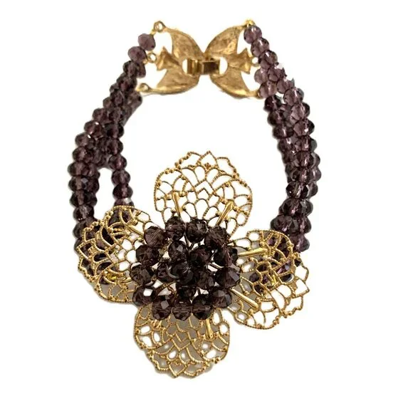 Bracelet Cuff Gold Purple Filigree Flower Triple Strand Beads Glamour 1980s