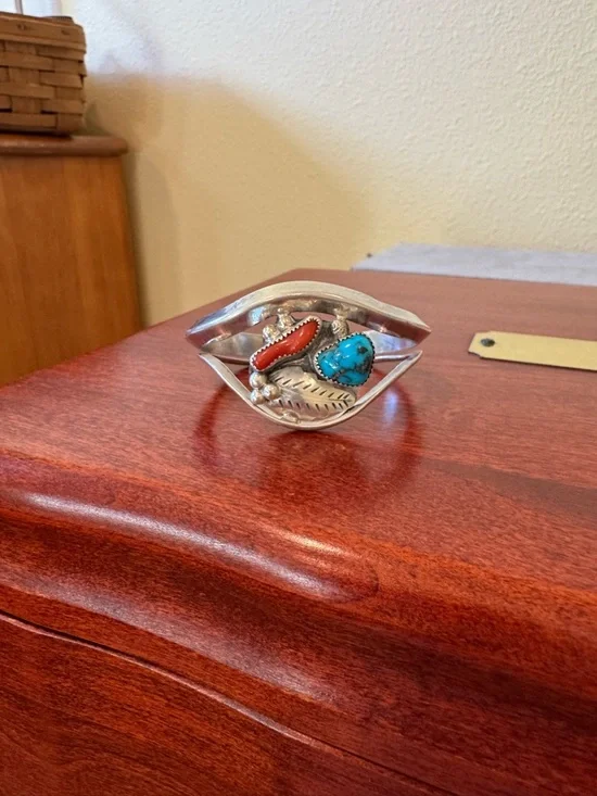 Native American David F Garcia Sterling Silver Turquoise and Coral Cuff Bracelet