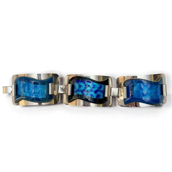 Vintage Retro Mid Century Blue Enamel Wave Panel Link Wide Bracelet Silvertone