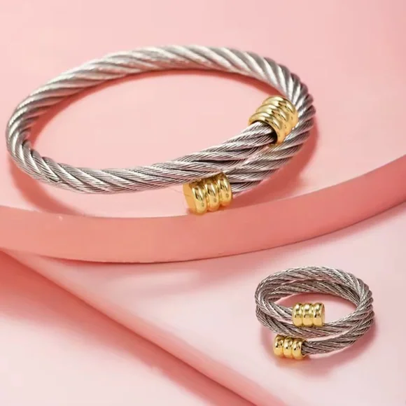 🌟 Bangle Bracelet Ring Set Staiy Steel No Fade Color