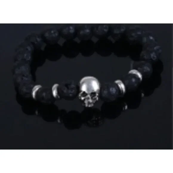 Silver Skull Skeleton Black Lava Stone Essential Oil Women's Stretch Bracelet
