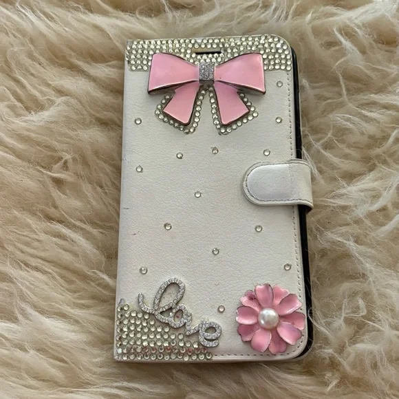 Rhinestone Embellished Cream and Pink Cell Phone Wallet Case