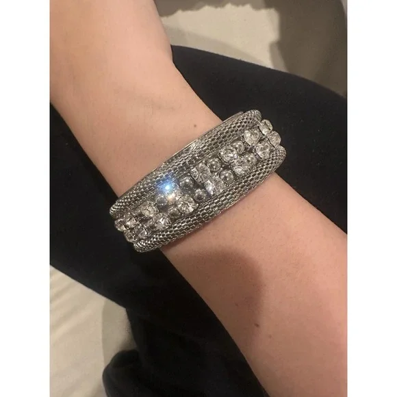 Silver Tone Sparkly Rhinestone Wide Bangle Bracelet‎ Womens Cuff Costume Jewelry