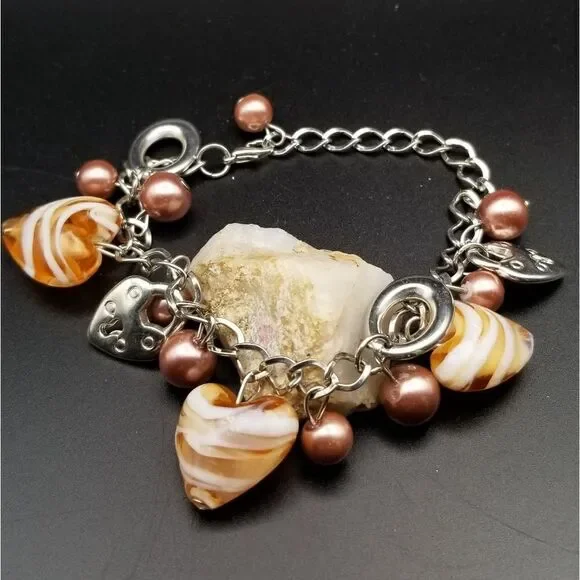 Open heart peach blast glass heart charm bracelet. B318