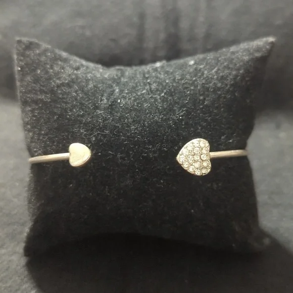 Silver Tone Clear Rhinestone Heart Cuff Bangle Statement Bracelet