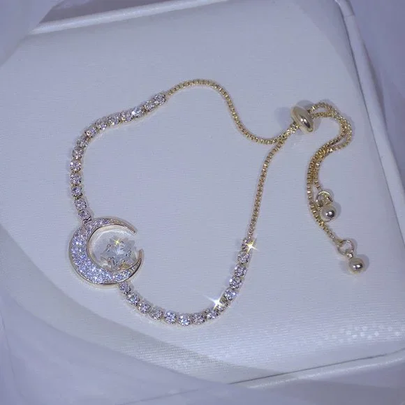 NEW 14K Gold Plated Diamond Moon Star Bracelet