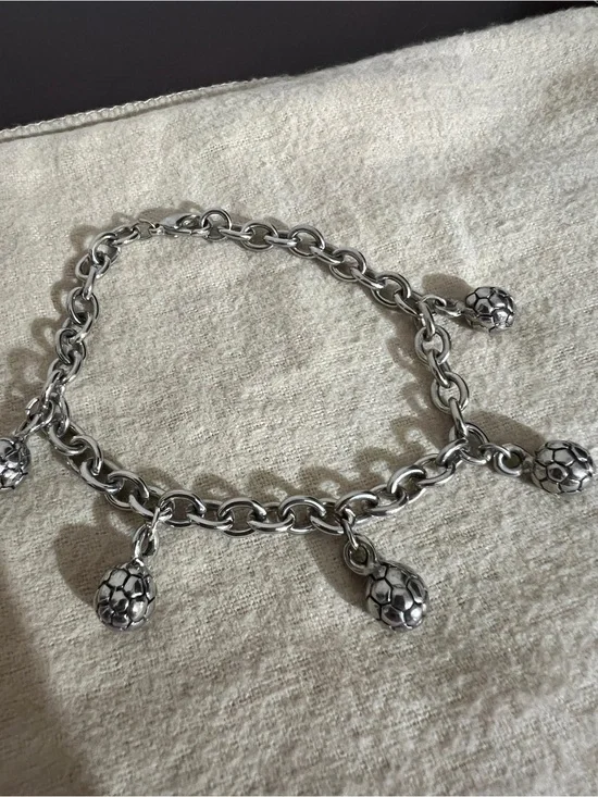 Vintage Rolo Link Stainless Steel Silver Soccer Charm Ball PendantCharm Bracelet