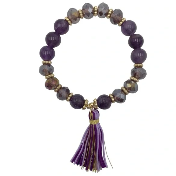 Purple Genuine Stone & Glass Beaded Tassel Stretch Bracelet