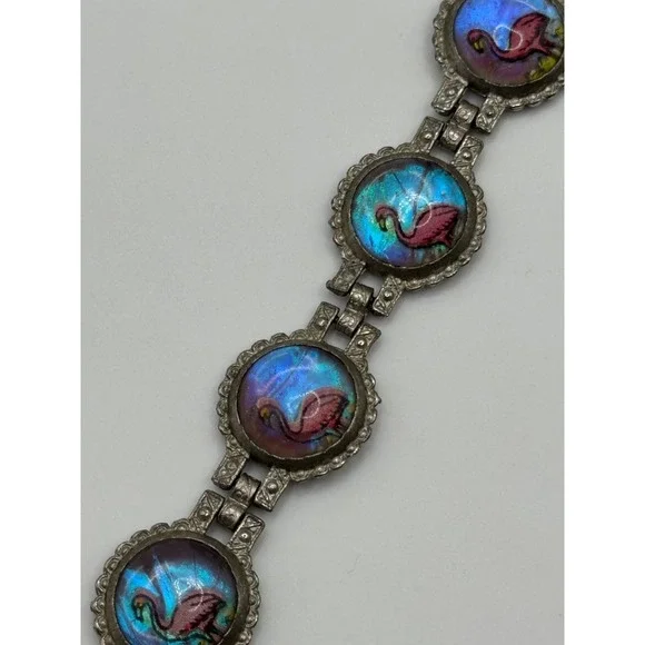 Vintage Pink Flamingo Butterfly Wing Silver Tone Bracelet