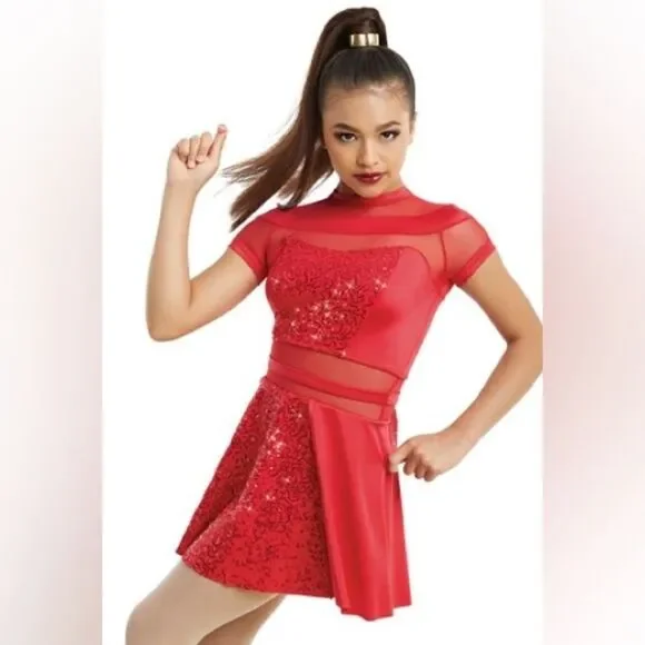 WEISSMAN Dance Costume red sequin mesh dress PLAY THAT SAX 11075 -Adult SA