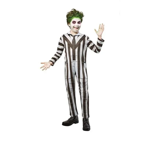 New Kids Beetlejuice Costume Jumpsuit Child Small-Med 6/7 With Green Hair Spra