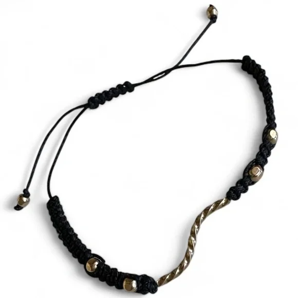 NEW Black Adjustable Cord Bracelet 14k Gold Beads Twisted Connector Minimalist