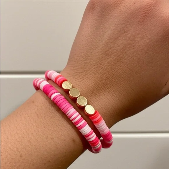 NEW Trendy Pink Gold Heishi Style Bead Bracelet Stack Preppy Clay Disk Jewelry