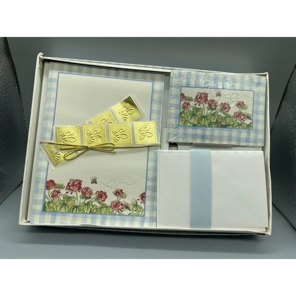 Vintage Geranium‎ Floral Stationery Set Blue Gingham Note Cards Envelopes Seals
