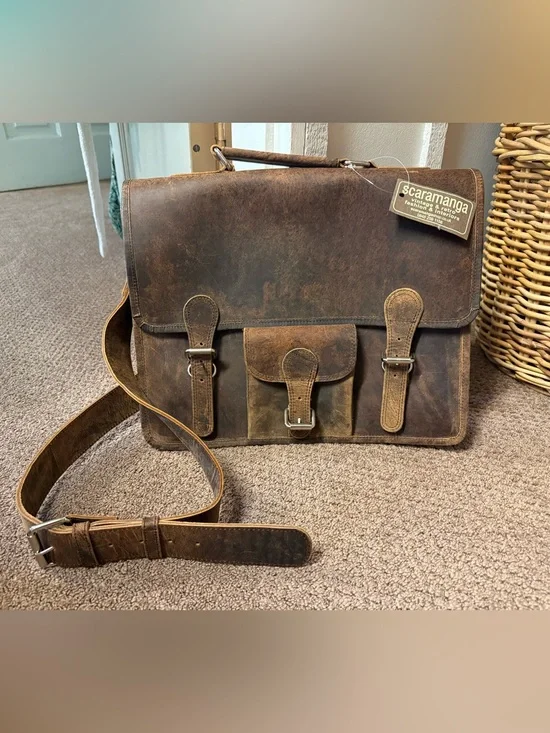 Distressed Brown Leather Briefcase Messenger Bag