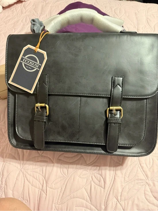 Ecosusi Black Men's Faux Leather Briefcase with Dual Buckle Front