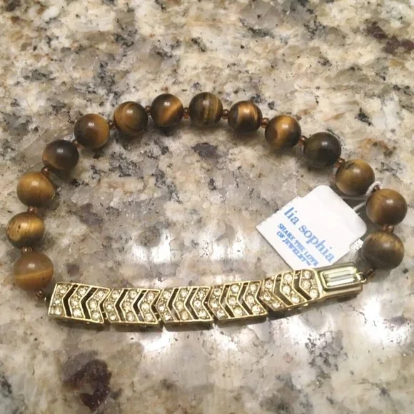 Lia Sophia Tigers Eye Bracelet Gold Plate & Crystal 7 1/4