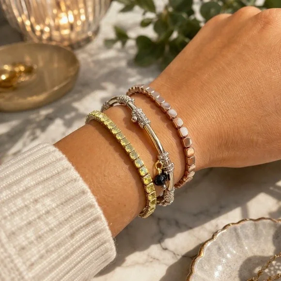 Bracelet Set Mixed Metal Silver Gold Rose Tones‎ Beaded Tennis Bangle Jewelry