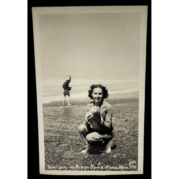 Rialto Beach Mora WA RPPC Postcard Vintage Woman with Baby Seal Snapshot