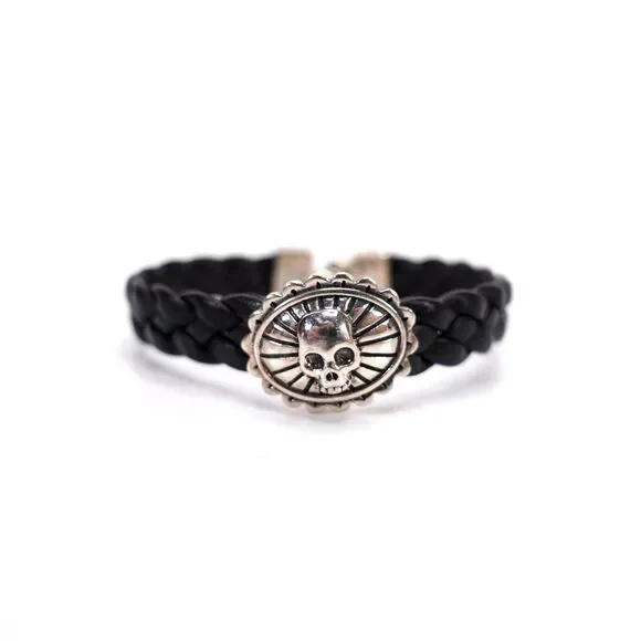 King Baby Small Skull Black Braided Leather Bracelet Hook Clasp .925 USA