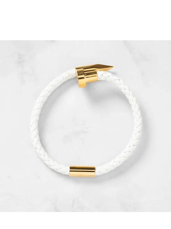 Plunder White Vegan Braided Leather Bracelet with Gold Accents