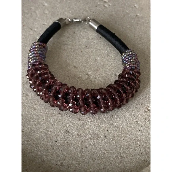 Purple Beaded Bracelet Black Cord Silver Tone Dark Romantic Fairy Chunky