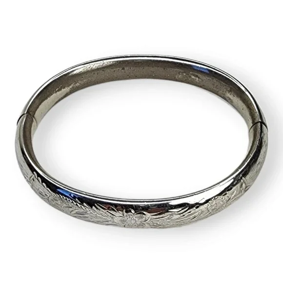 Vintage Sterling Silver 925 Hollow Hinged Signed HFB Bangle Bracelet
