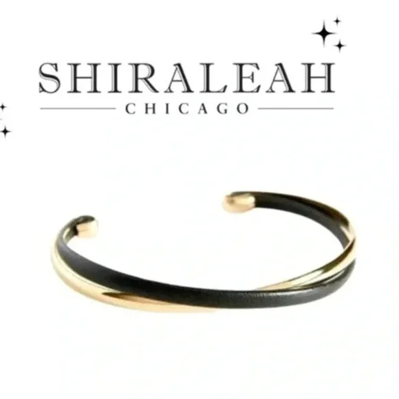 Anthropologie Shiraleah Chicago Verna cuff bracelet brass and black leather NWT