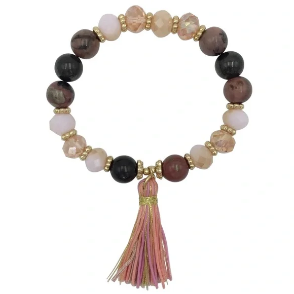 Pink Genuine Stone & Glass Beaded Tassel Stretch Bracelet