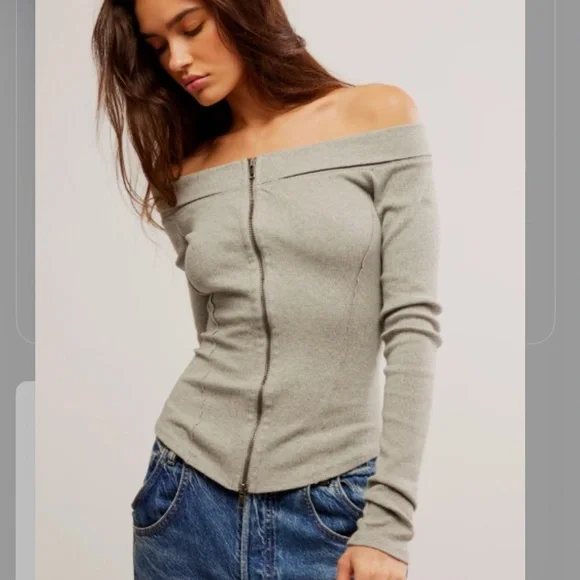 We The Free Off-Shoulder Light Gray Sweater