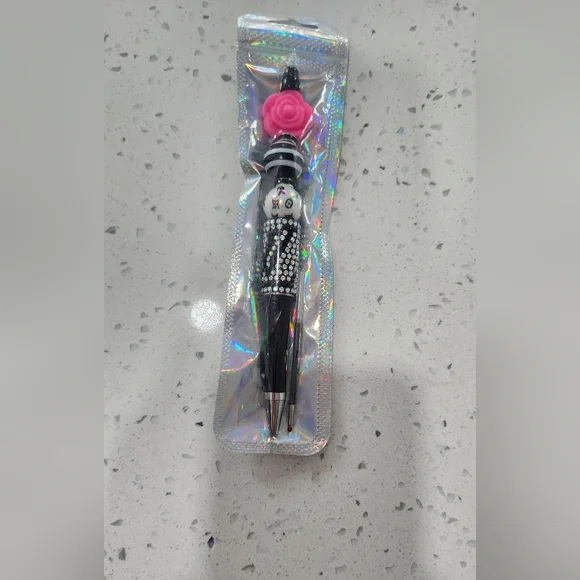 Bling Pen Fashion - Black & Pink Crystal Pen with Rose Topper