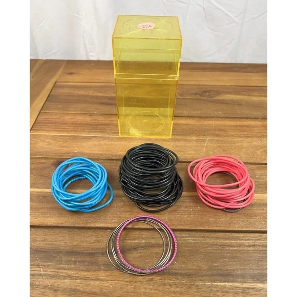 Vintage 1980's Lot of 60 Jelly Bangles Black Teal & Pink in VTG Holder