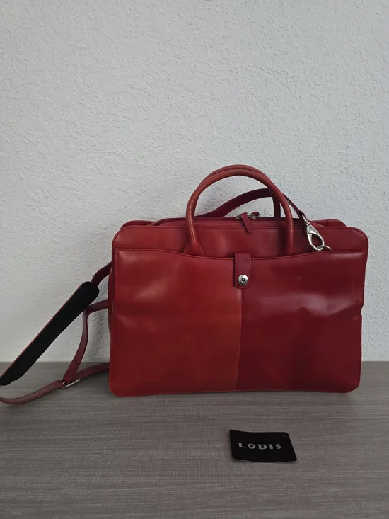 LODIS Red Genuine Leather Briefcase Laptop Bag Satchel Shoulder Strap Organizer