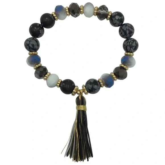 Black Genuine Stone & Glass Beaded Tassel Stretch Bracelet