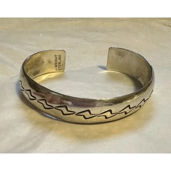 Vintage Sterling Silver J WRIGHT Cuff Bracelet Lightning Bolt Native American