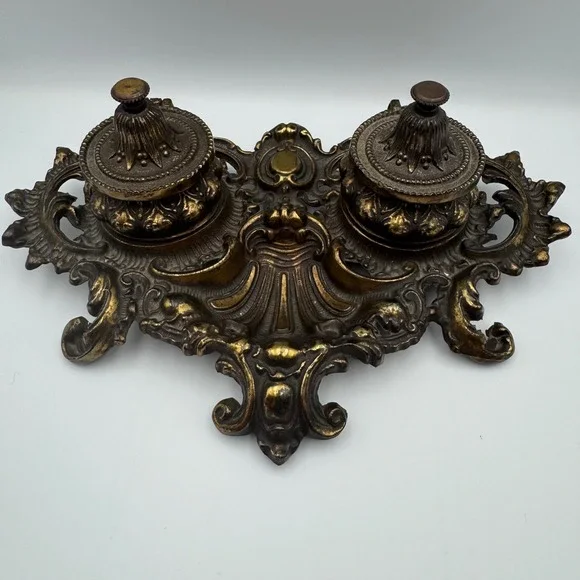 Antique Ornate Victorian Brass Double Inkwell Desk Set BW 125 1930s Broken Hinge