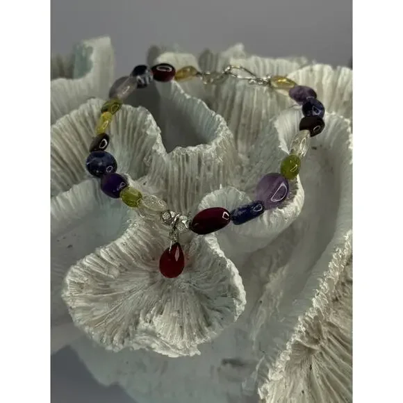925 Sterling Silver Multi Color Gemstones Bracelet Length 7.5